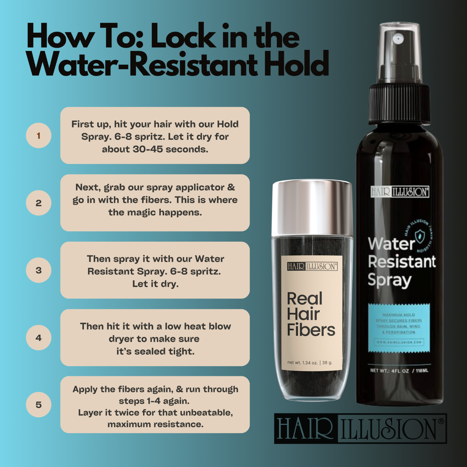 Hair Illusion 18g Dark Brown Hair Fibers + Water Resistant Spray + Applicator