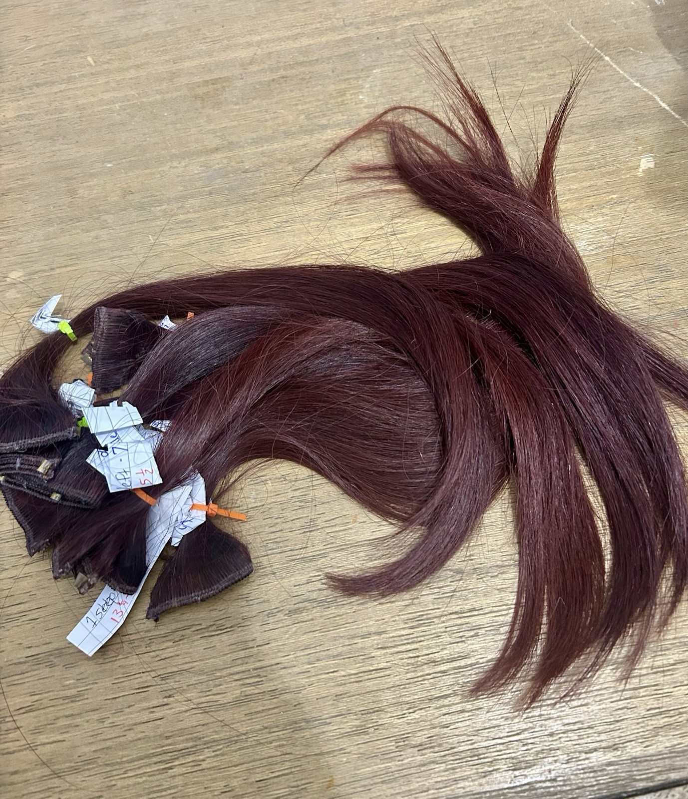 Beaded 30” Machine-tied weft extension 93g Remy Human Hair Dark Red/ burgany 14”