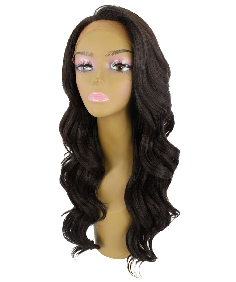 LUXLUXE Lucinda Wavy 23 Inch Long 4X4 Hand-Tied Lace Front Wig, Dark Brown