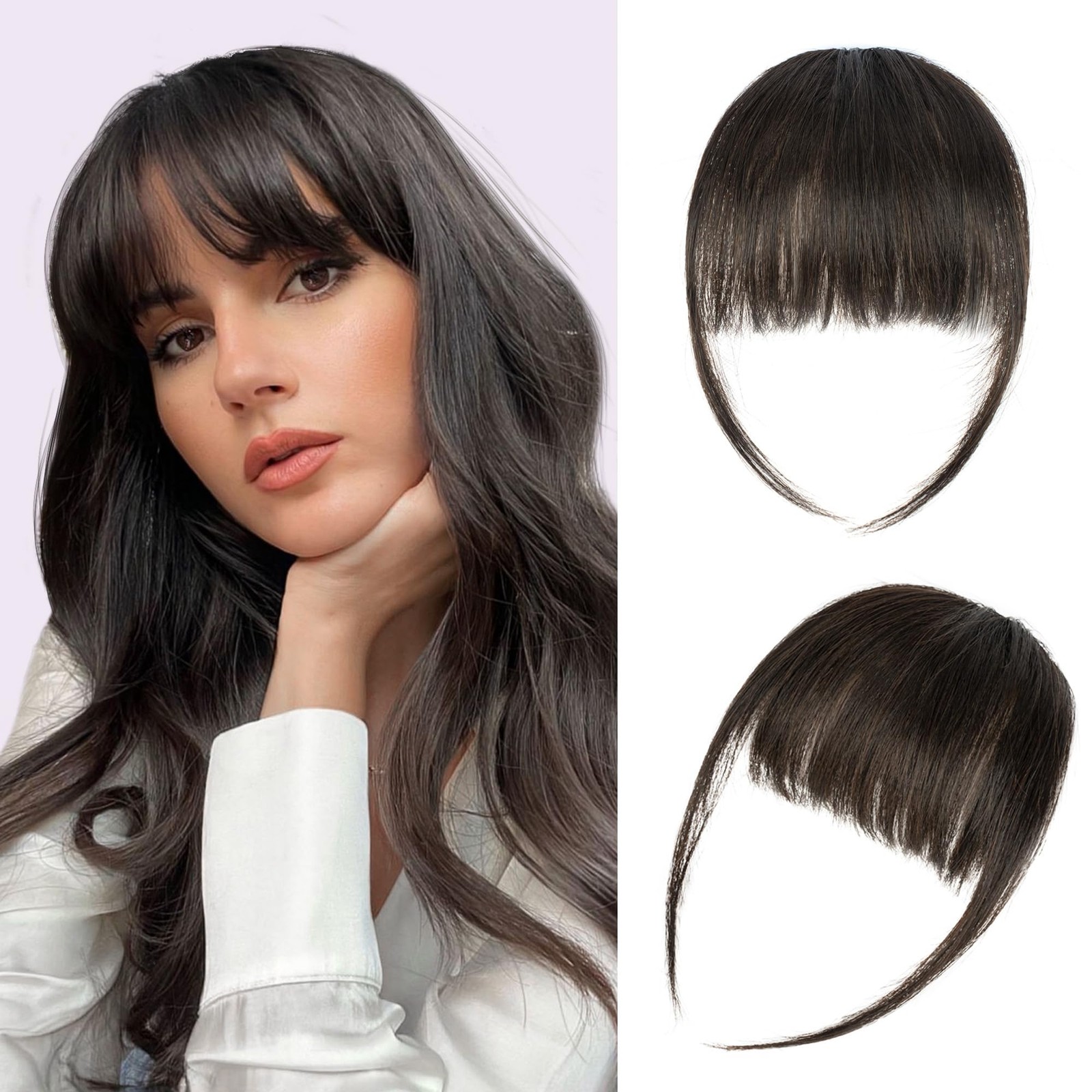 Bangs Hair Clip 100% Human Fringe with Temples Wispy French Brown Black