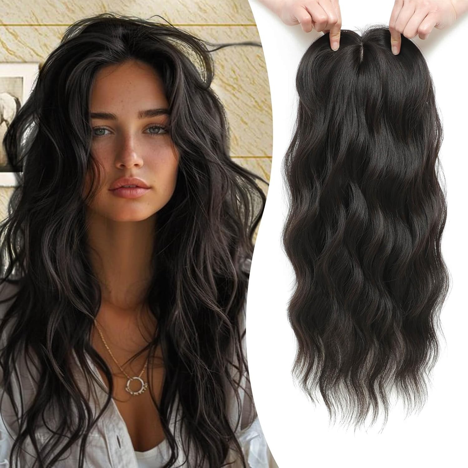 Black Brown w/ Side Bangs Long Wavy 20in Women Premium Hair Topper