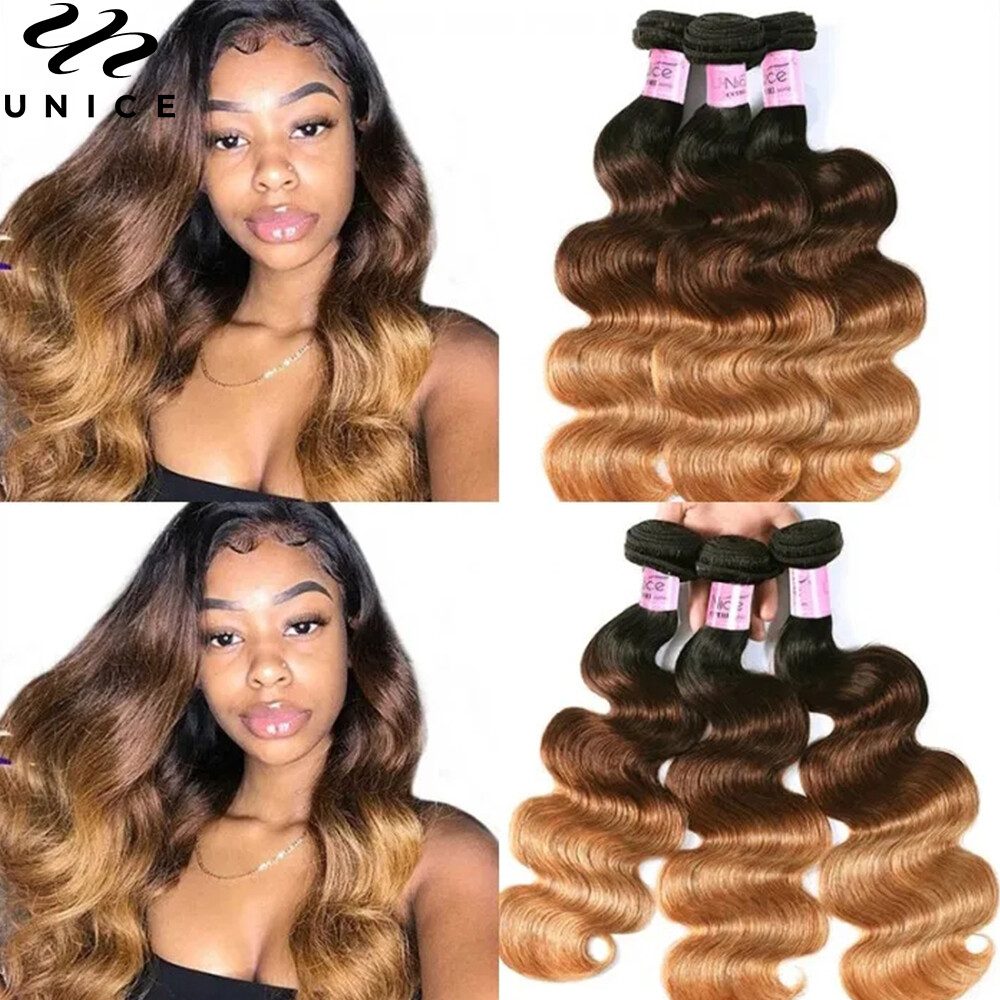 UNice Cambodian Ombre Brown Body Wave 3 Bundles Human Hair Weave Hair Extensions