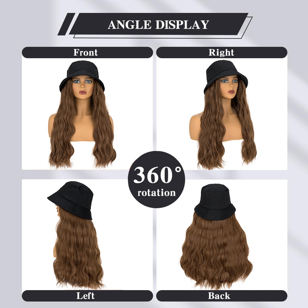 Bucket Hat Wig Black Newsboy Cap With Long Wavy Hairpiece 18″ Natural Hair Women