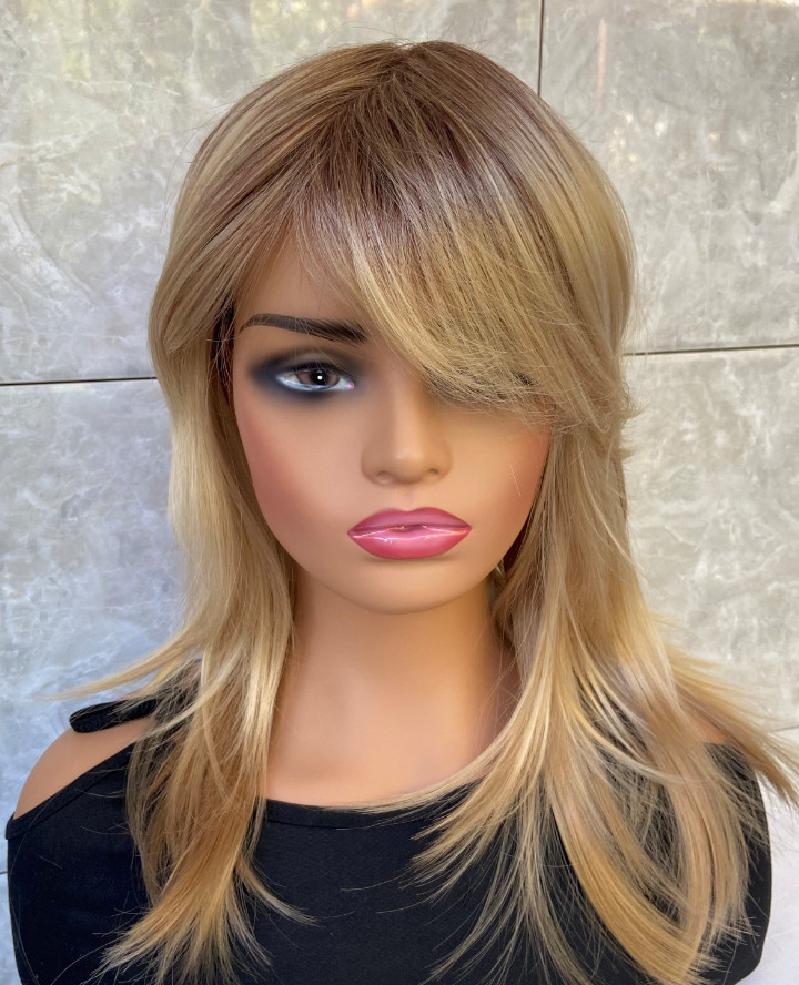 Medium Straight Layered Rooted Blonde Mix Synthetic Hair Wigs Women Soft Natural