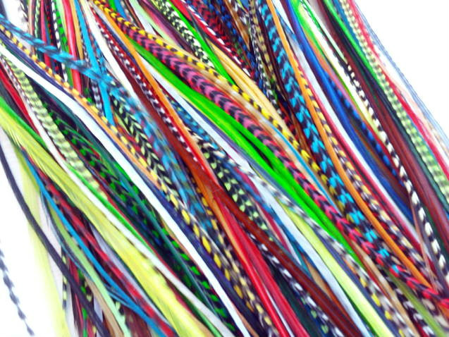 LONG THIN 100% REAL FEATHER HAIR EXTENSIONS GRIZZLY BRIGHT! COLORS USA!! ! SALE!