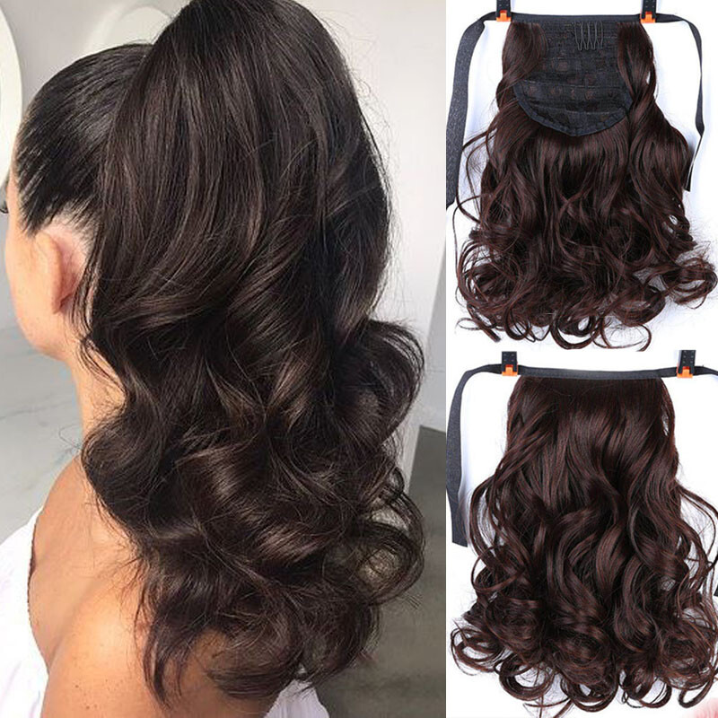 16-24″ Thick 100% Human Hair Drawstring Clip in Remy Wavy Ponytail Extensions