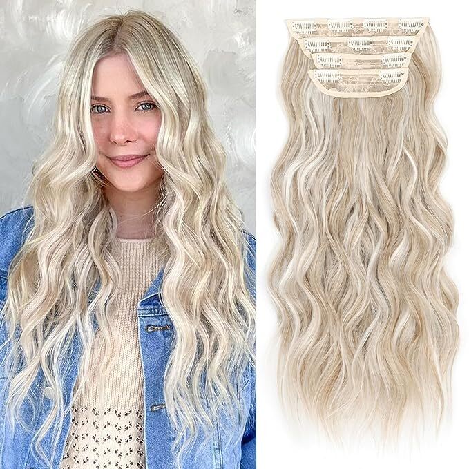 4PCS Clip in Natural Hair Extensions Long Wavy Bleach Blonde Weft Synthetic