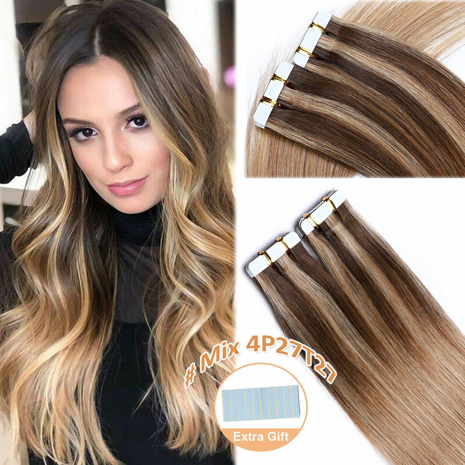20PCS Mix Tape In 100% Remy Human Hair Extensions Full Head Skin Weft Body Wave
