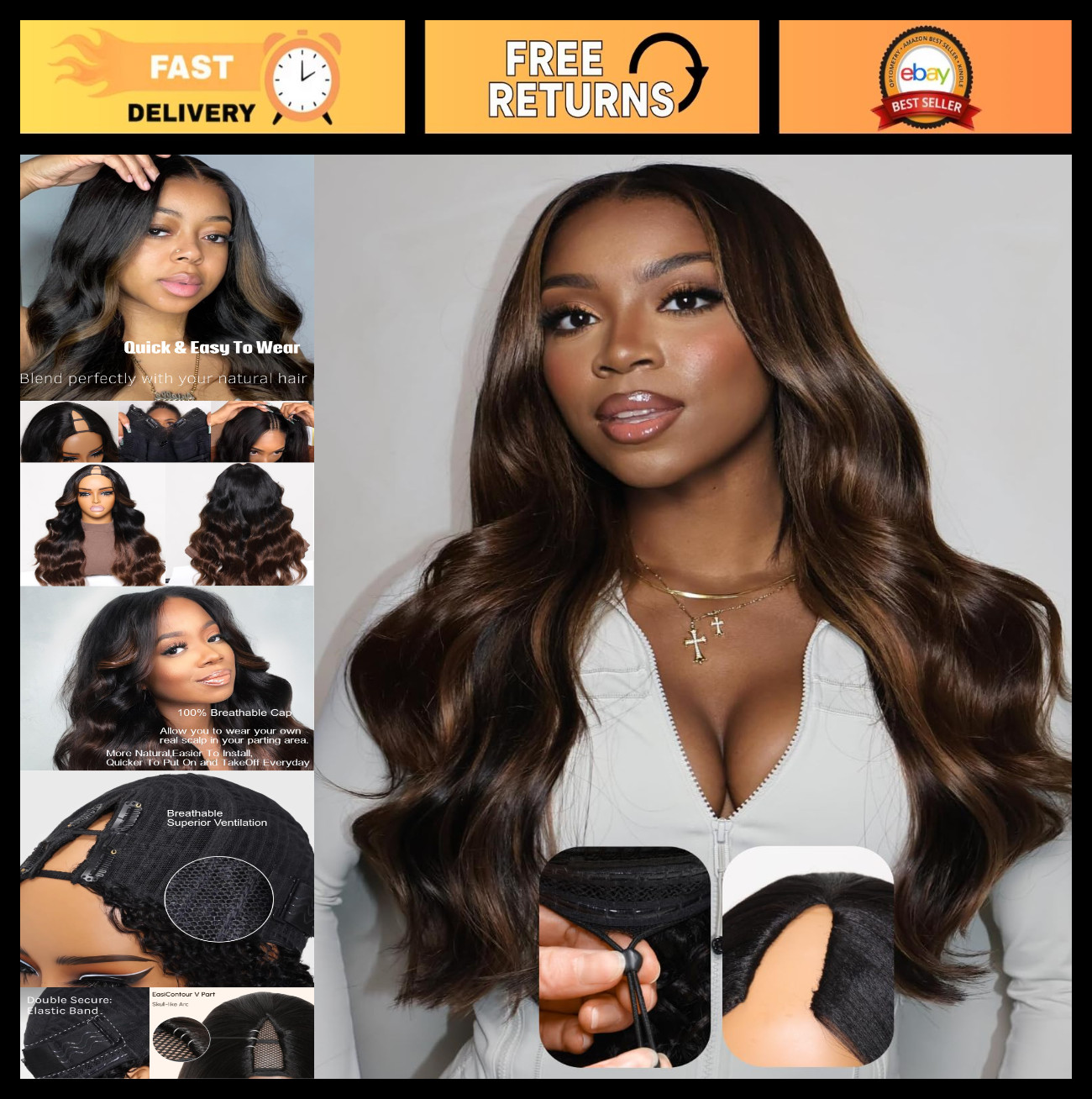 12A Ombre Highlight V Part Wig – Body Wave Human Hair, Glueless, 16 Inch, No Sew