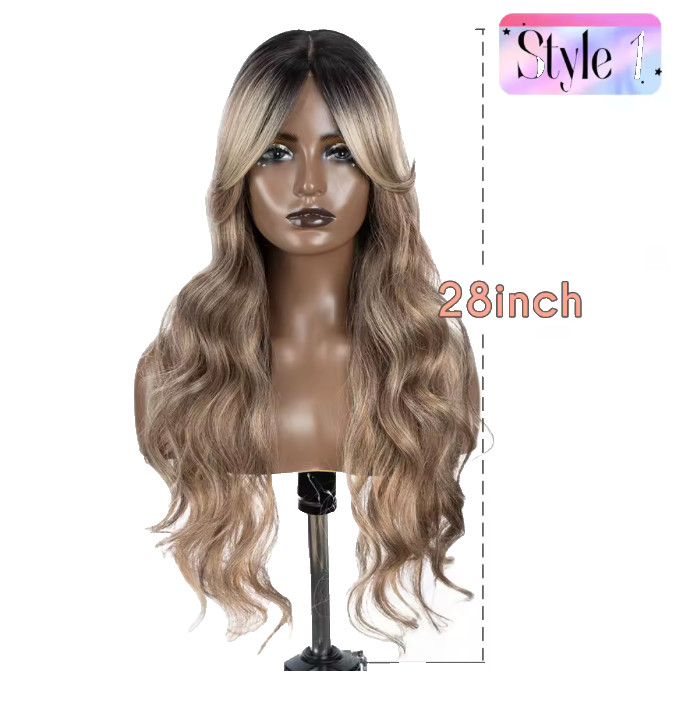 28″ Ombre Blonde Lace Front Wig Long Wavy Synthetic Wig with Butterfly Bangs