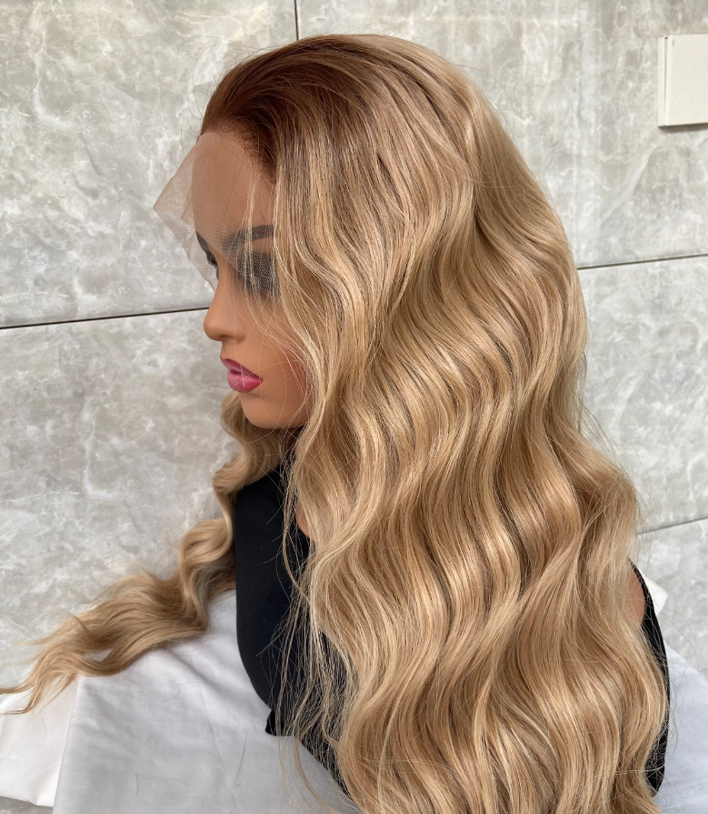 Long Wavy Rooted Blonde Mix Lace Front Synthetic Hair Wigs Women Soft Natural