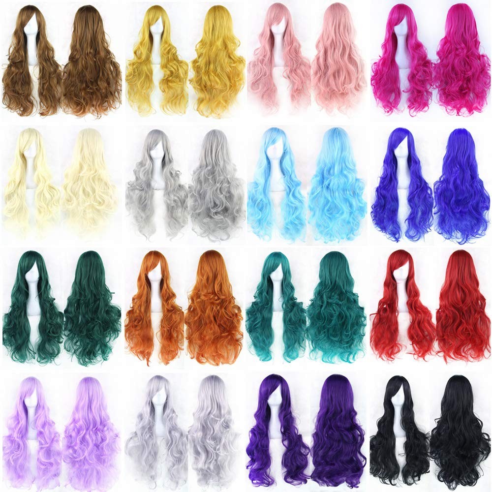 80cm Long Curly Natural Hair Cosplay Wig with Bangs Colorful Halloween Costum…