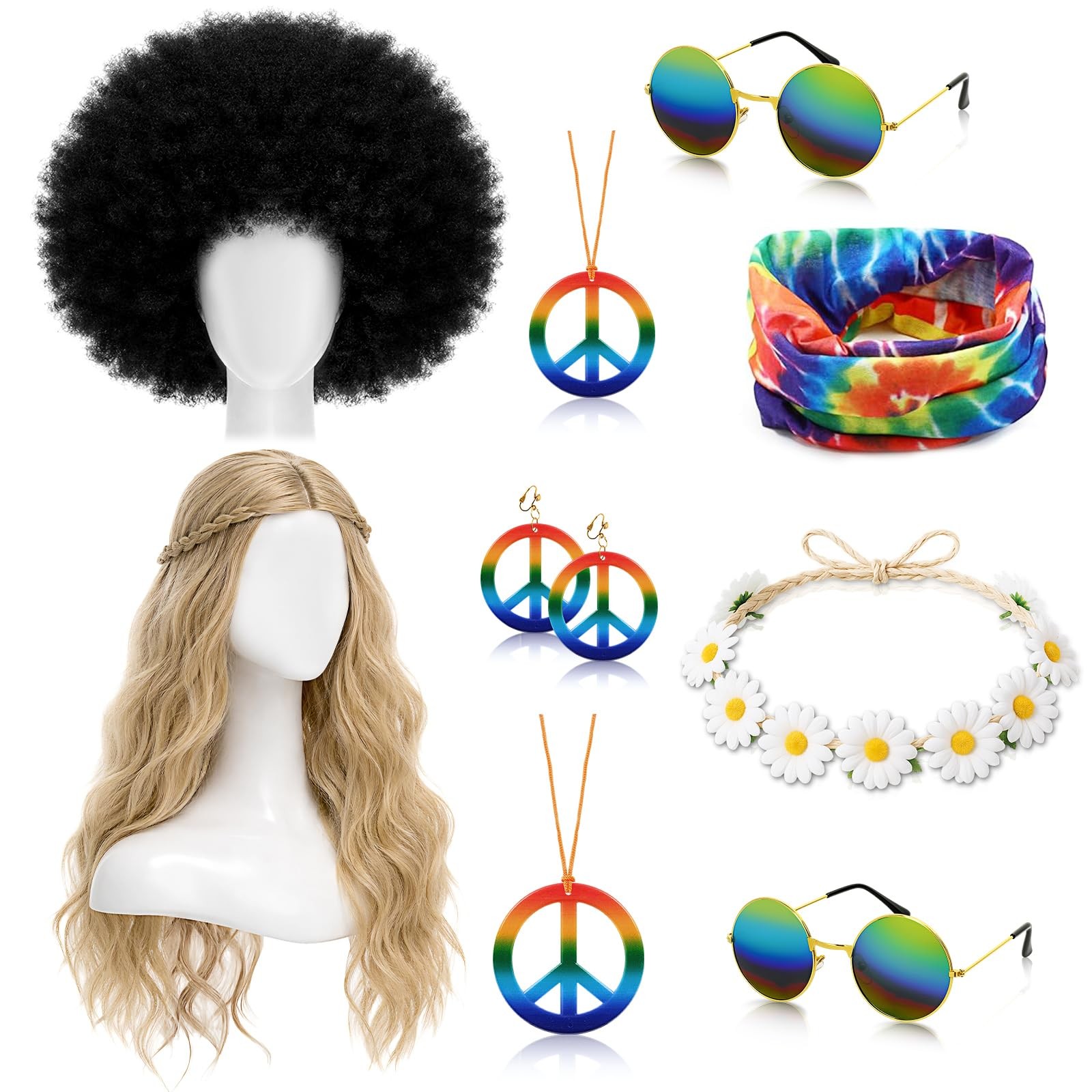 9 Pcs Hippie Costume Accessories Set, Bandana Peace Sign Earrings Necklace Gl…