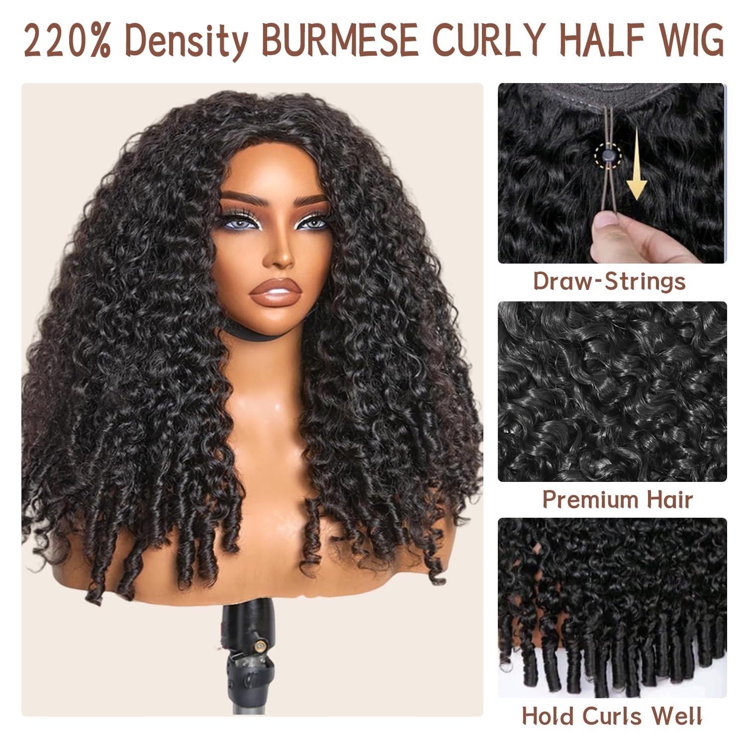 Curly Half Wig 220 Density 100% Real Human Hair 18″ Glueless Wear & Go 3-in-1