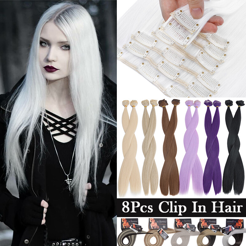 THICK 8PCS Clip In Hair Extension Natural As Human Fake Hairpiece Curly Straight