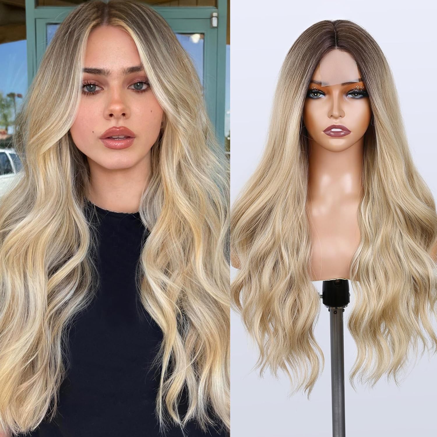 Blonde Wigs Long Ombre Blonde Wavy Hair Middle Part Curly Wavy Wig for Women …