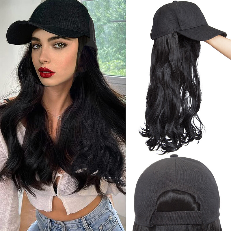 Baseball Hat Cap with Fake Hair Soft Long Wavy Hair Wigs Caps for Women 6″-18″