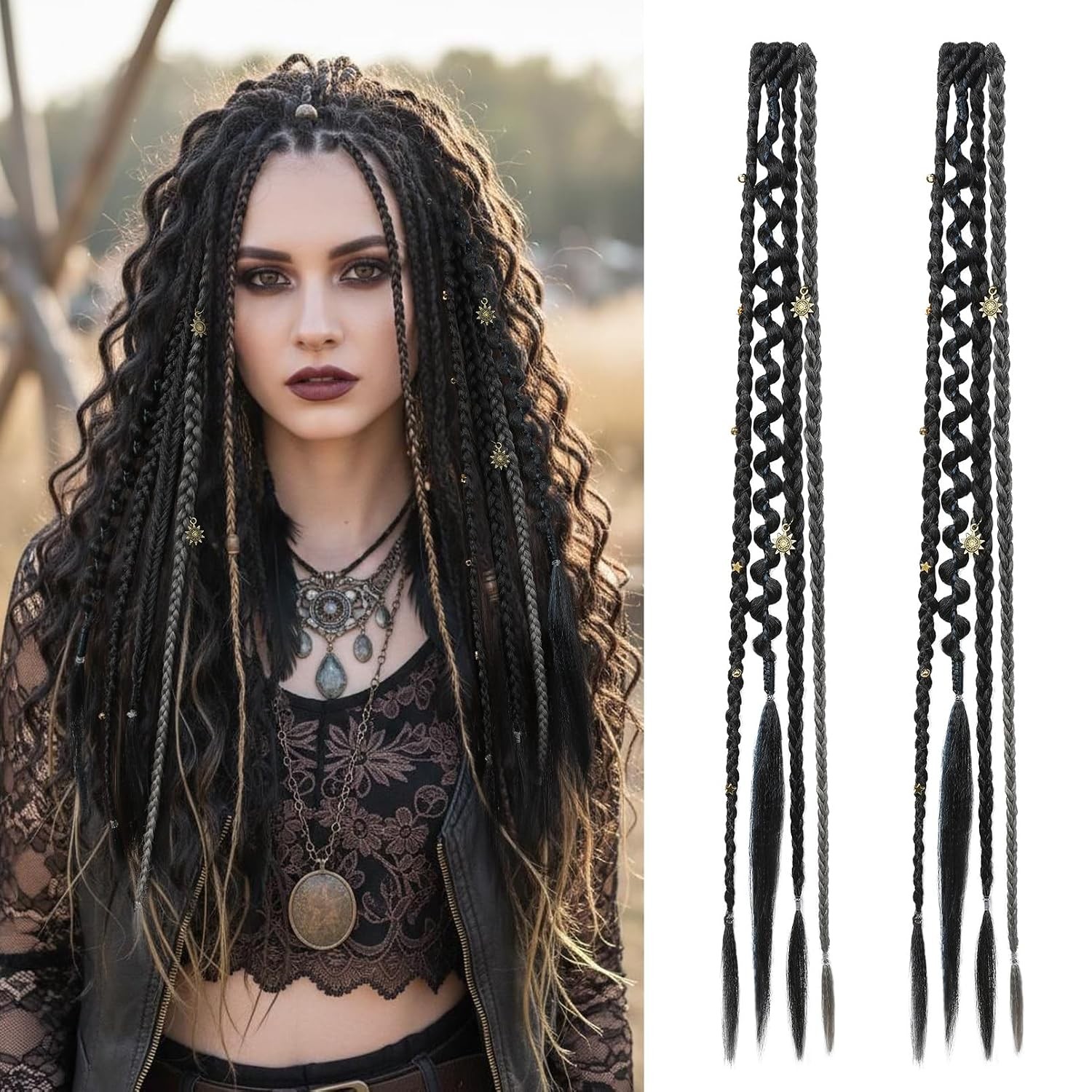 Clip in Braid Hair Extensions Women 20″ Boho Dreadlock Clip in Braids with Beads