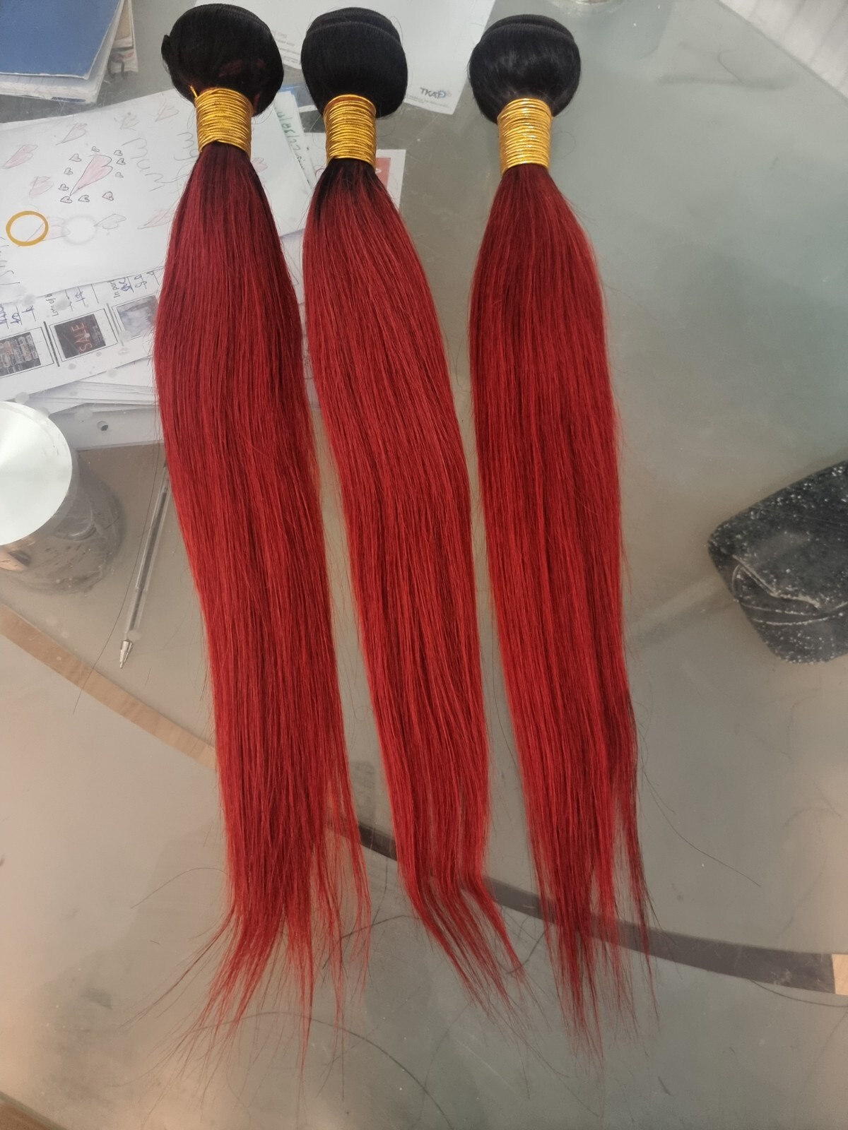 12AA 20+20+20INCH 3BUNDLES REAL PERUVIAN OMBRE STRAIGHT HAIR 2TONES 1b/RED 300g