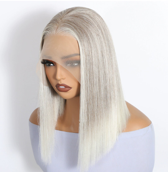 Silvery Medium-Length Straight Wig with Lace Front, Heat-Resistant Fibers Women