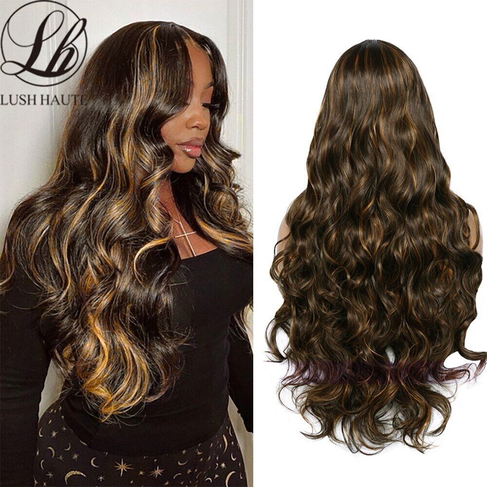 Synthetic Highlight Lace Wigs Omber Body Wave 13X4X1 Middle T Part Lace Wigs