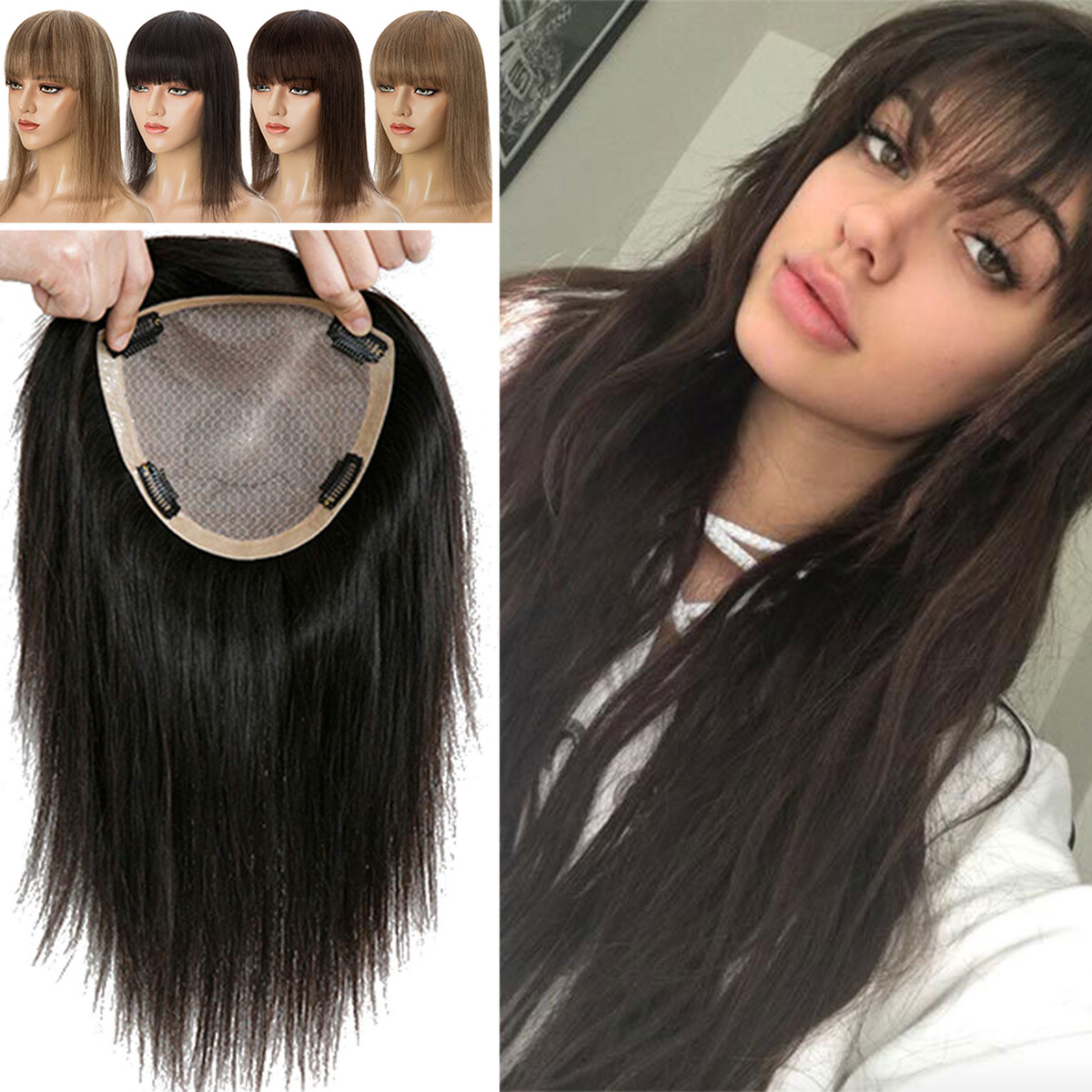 Top Topper Toupee Clip In Remy 100% Human Hair Silk Base Wiglet THICK Piece Weft