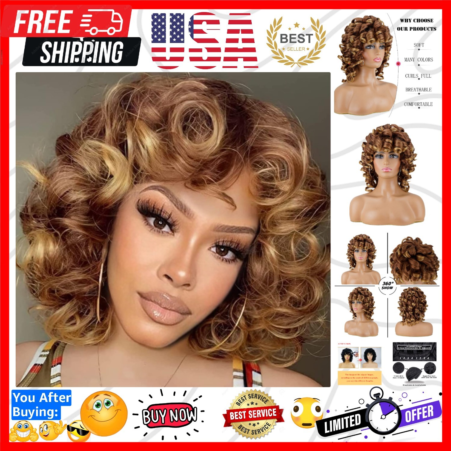 Short Curly Wigs for Black Women Soft Brown Blonde Big Curly Wig with Bangs A…