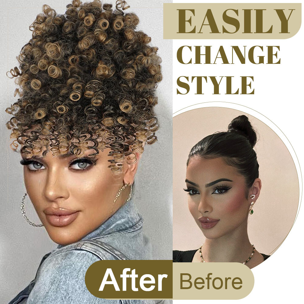 African Short Afro Kinky Curly Ponytail Large Puff Hair Extension Bun With Bangs