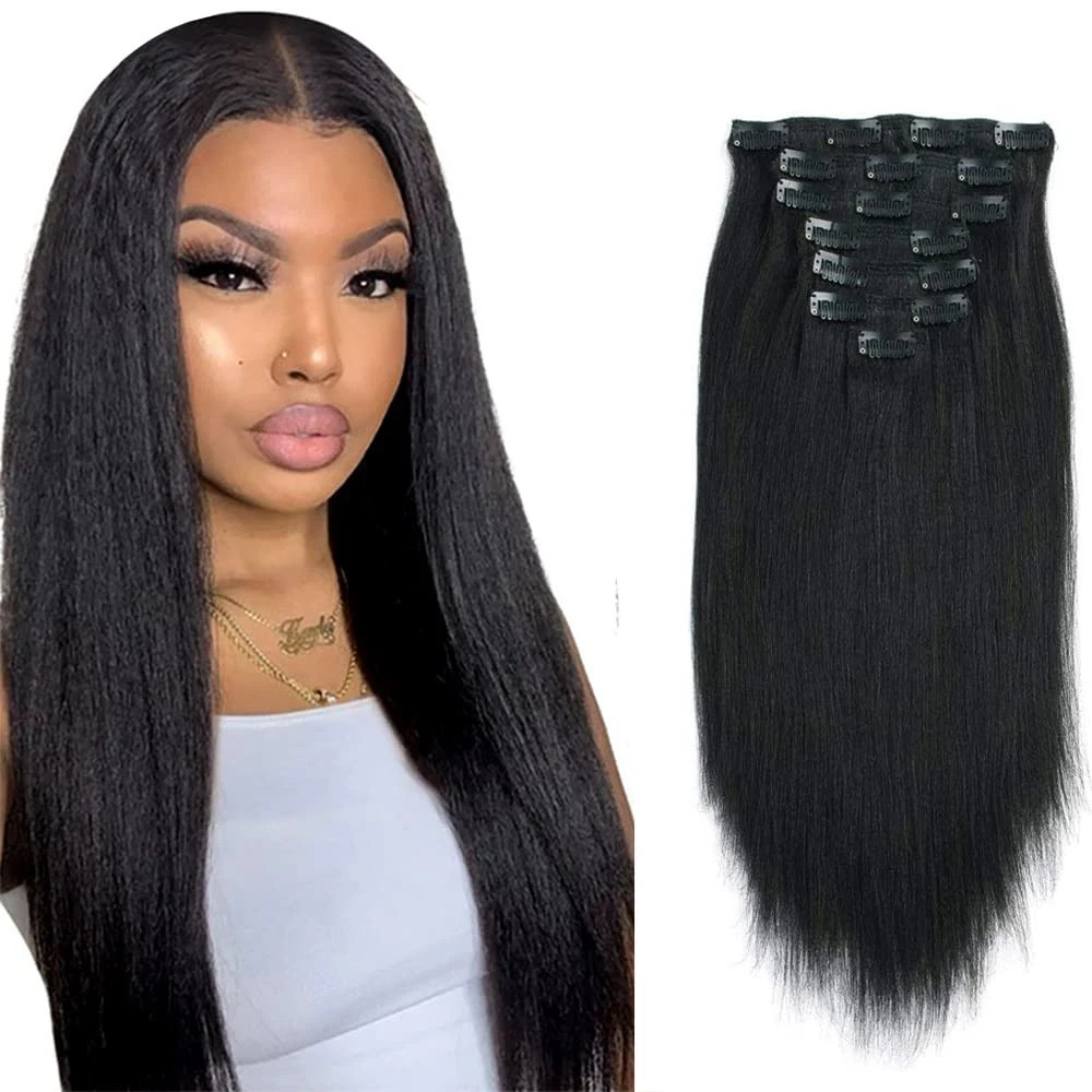 Clip in Hair Extensions Black Women, Yaki Straight Clip Ins Black Hair Extension