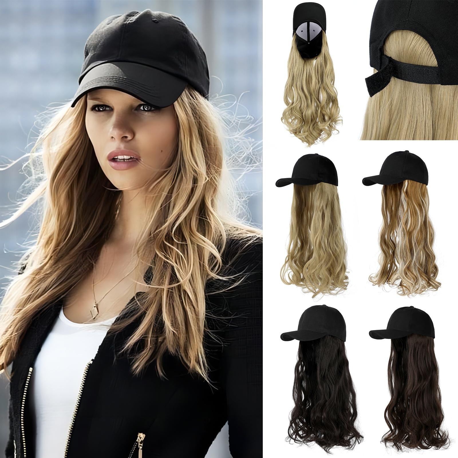 Baseball Hat ,Hat with Hair attached 24” Adjustable Black Cap with Long Wavy…