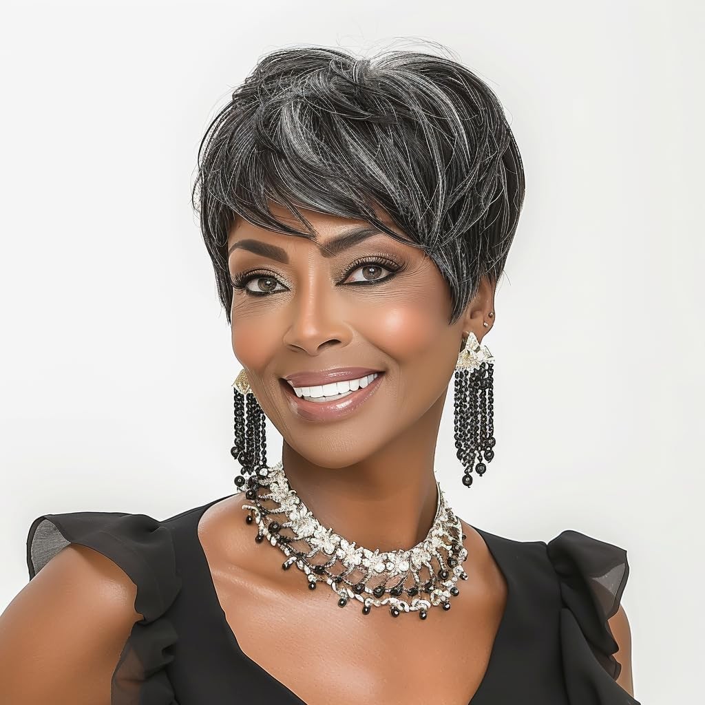 Short Grey Mixed Black Grey Pixie Cut Salt and Pepper Pixie Wigs with Bangs