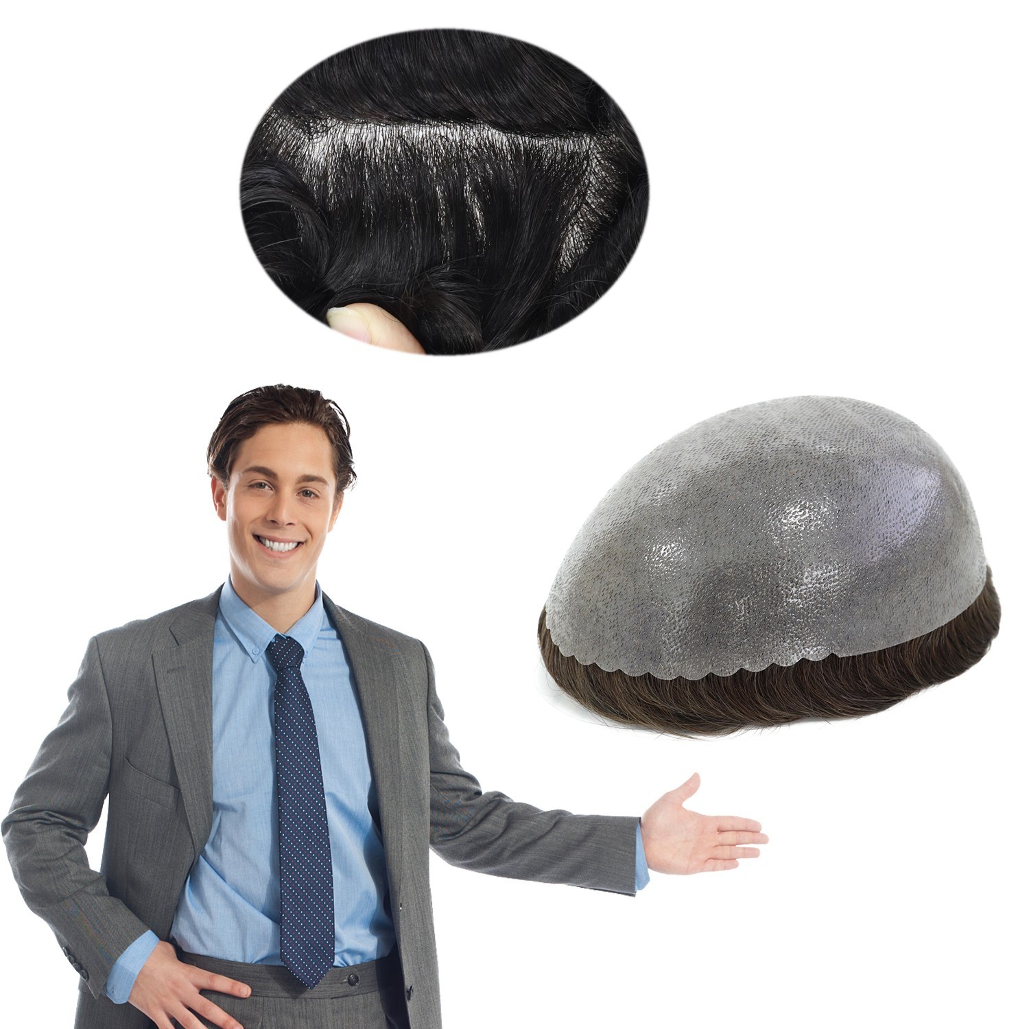 Mens Toupee Human Hair Replecement System Natural Hair Medium 130% Hairpieces PU