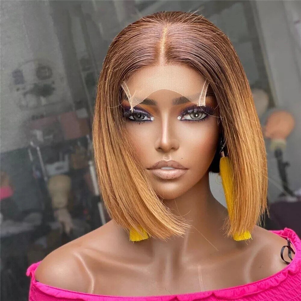 Brown Blonde Straight Bob 4X4 Lace Human Hair Wig for Women Remy Hair