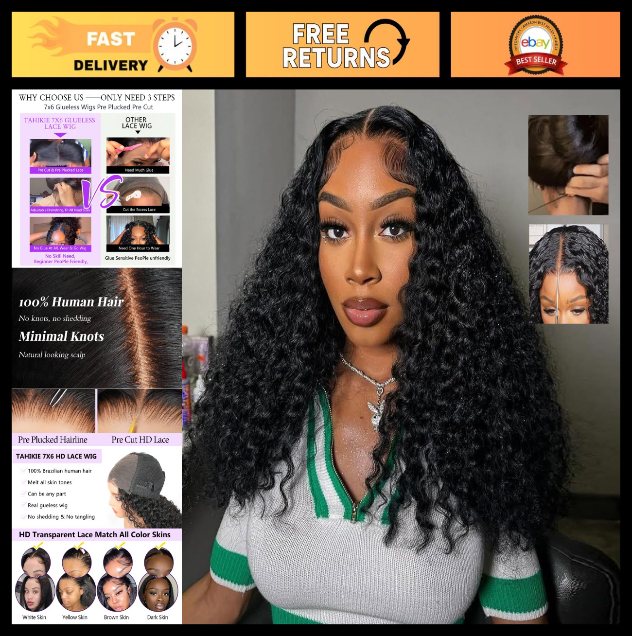 26″ 7×6 Curly Glueless Wig Human Hair, Pre-Plucked, 250% Density, HD Lace, Natur