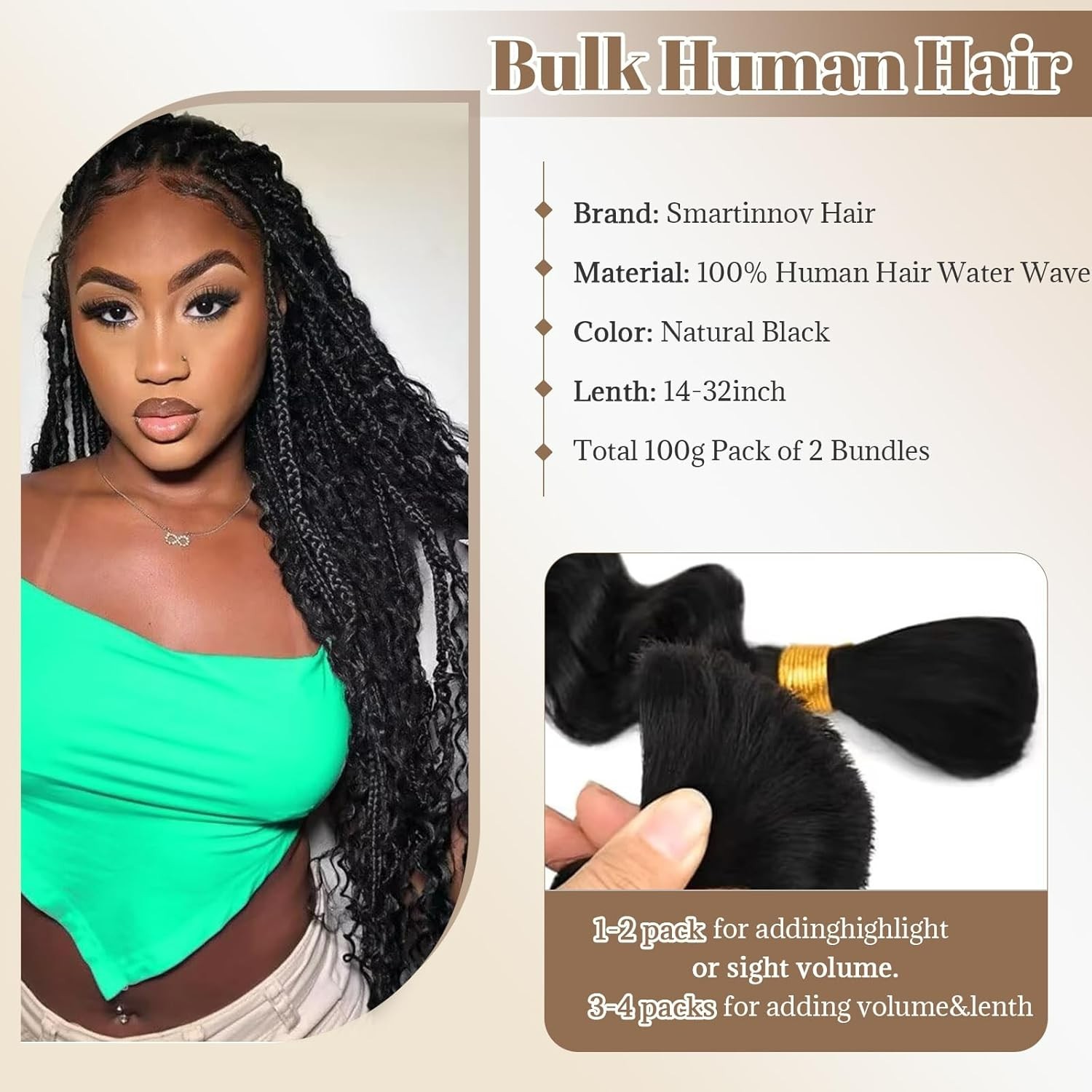 Boho Hair for Braiding 30″ Human Hair Deep Curly 2 Bundles 100g #1BNatural Black