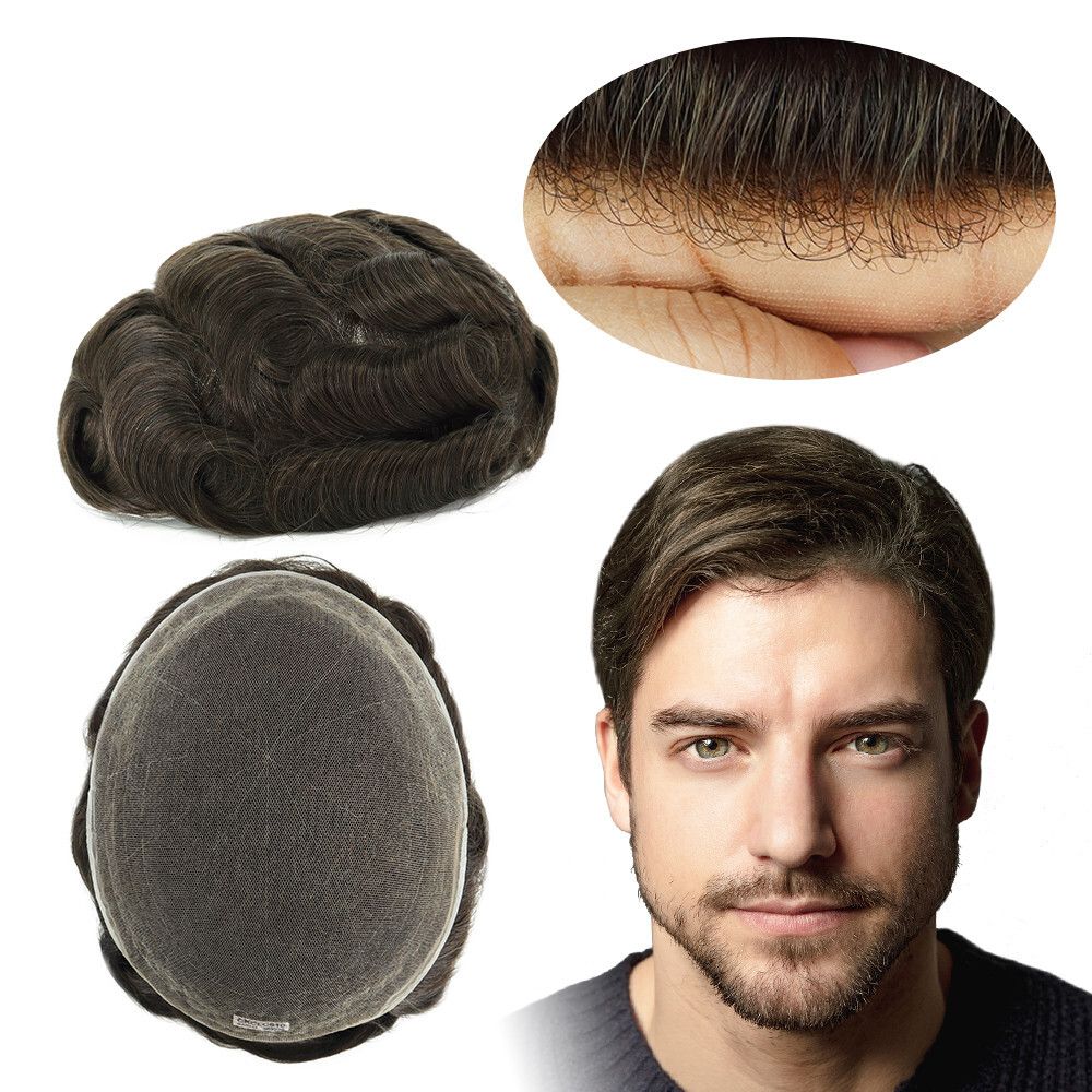 Mens Toupee Human Hair System Full French Lace Hair Replacement Pieces #4