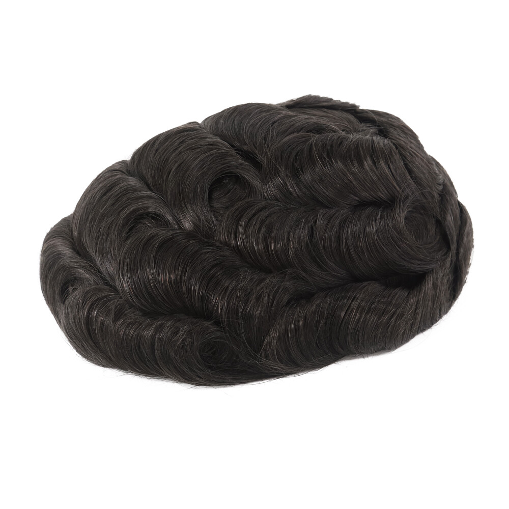 Mens Toupee Fine Mono Human Hair Replacement System Poly Skin Gent Hairpieces