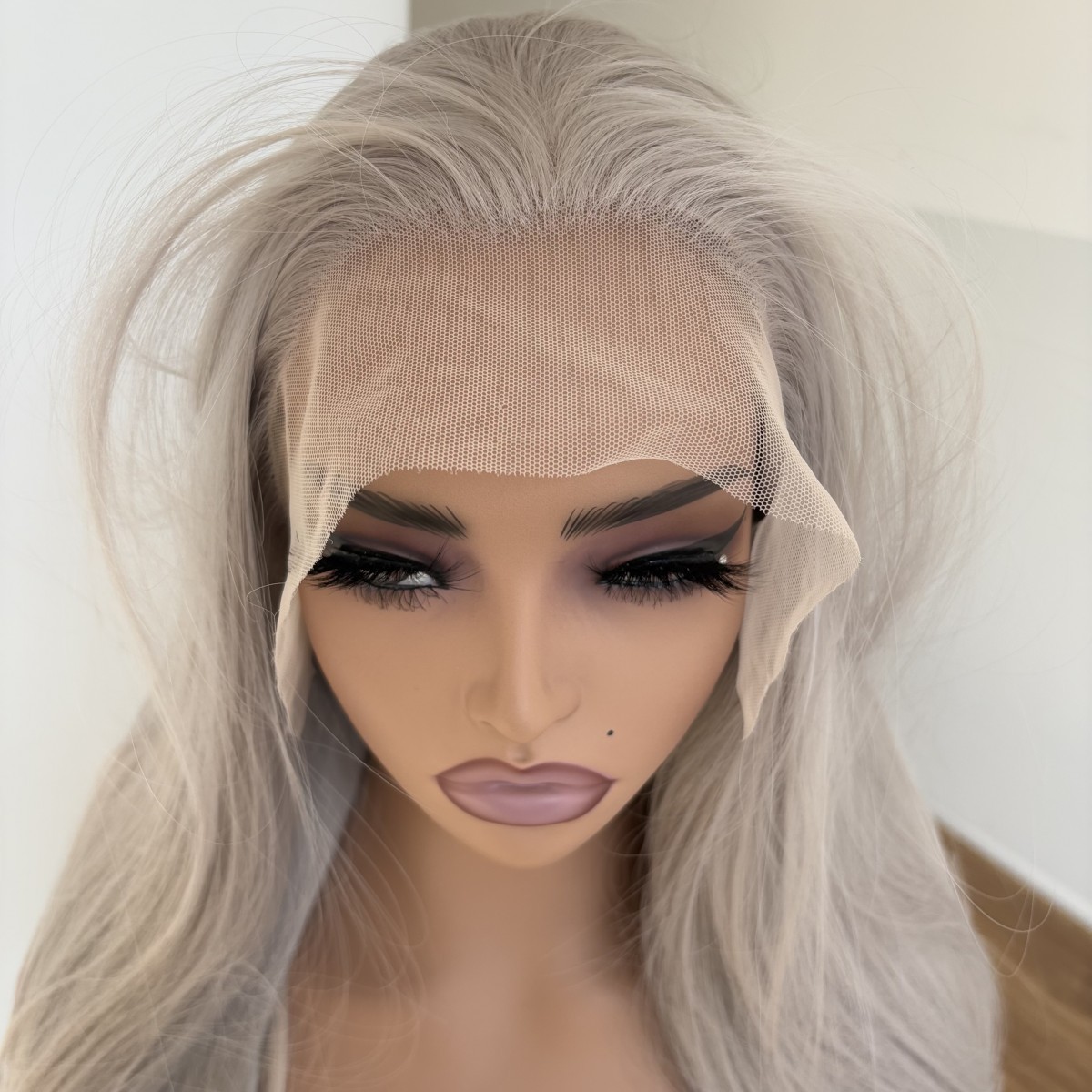 Long Straight Frontal Lace Wig Heat Resistant Hair Silver Pre Plucked