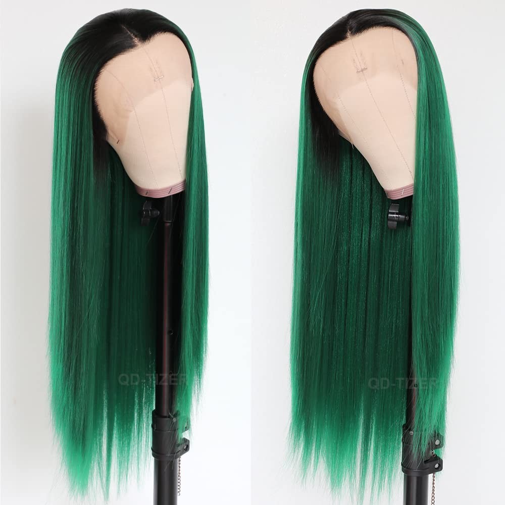 22″ Glueless Ombre Green Lace Front Wig Heat Resistant Synthetic