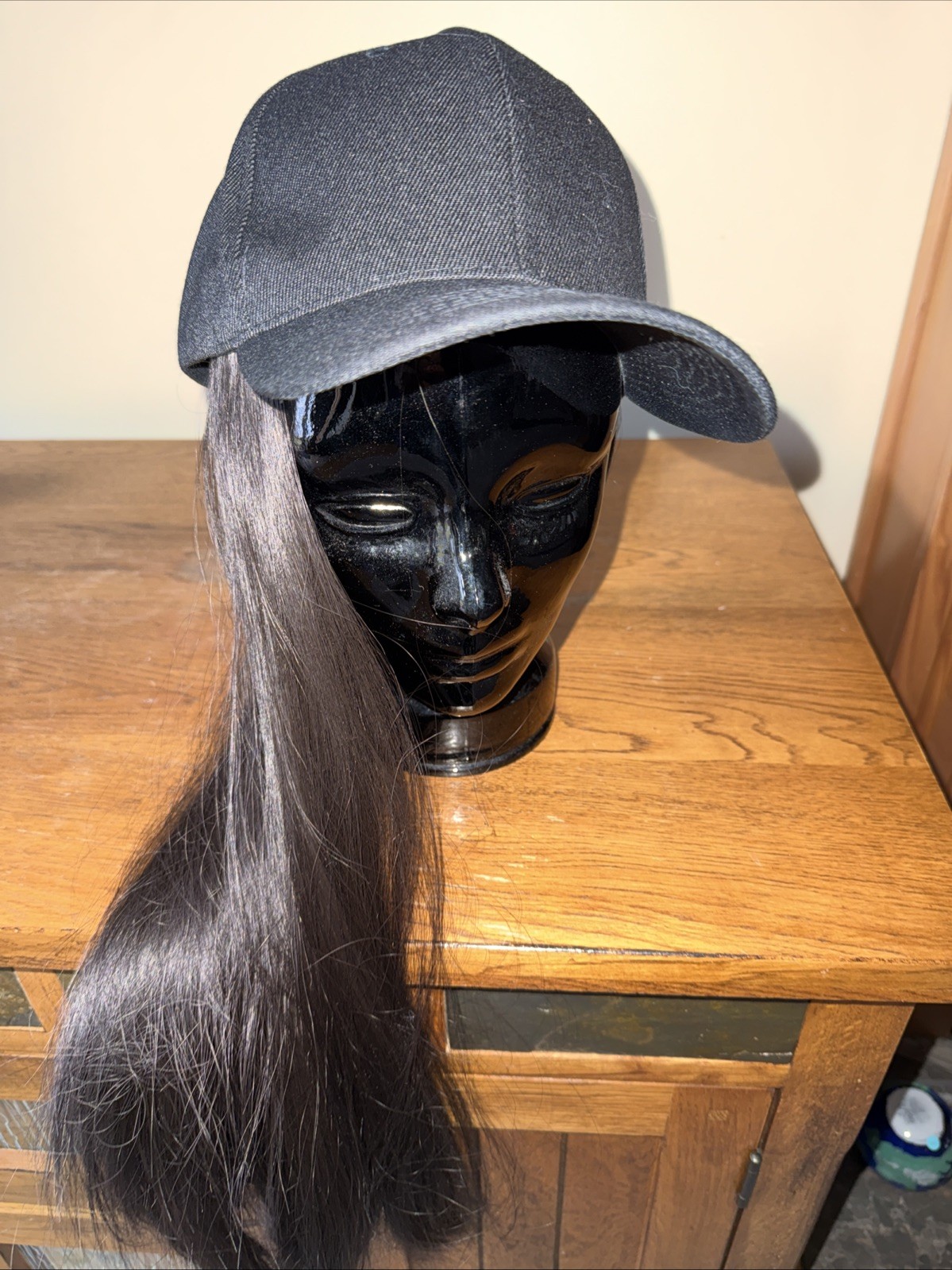 Long Straight Wig Baseball Hat With Synthetic Hair Baseball Cap Wig 24″ Black
