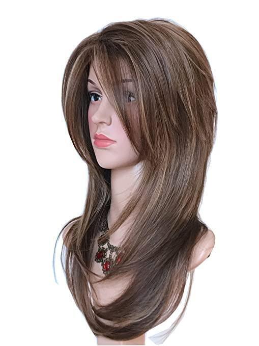 Dark Brown w/Gold Highlight Ombre Shoulder Length Wig Women Synthetic Curly Hair