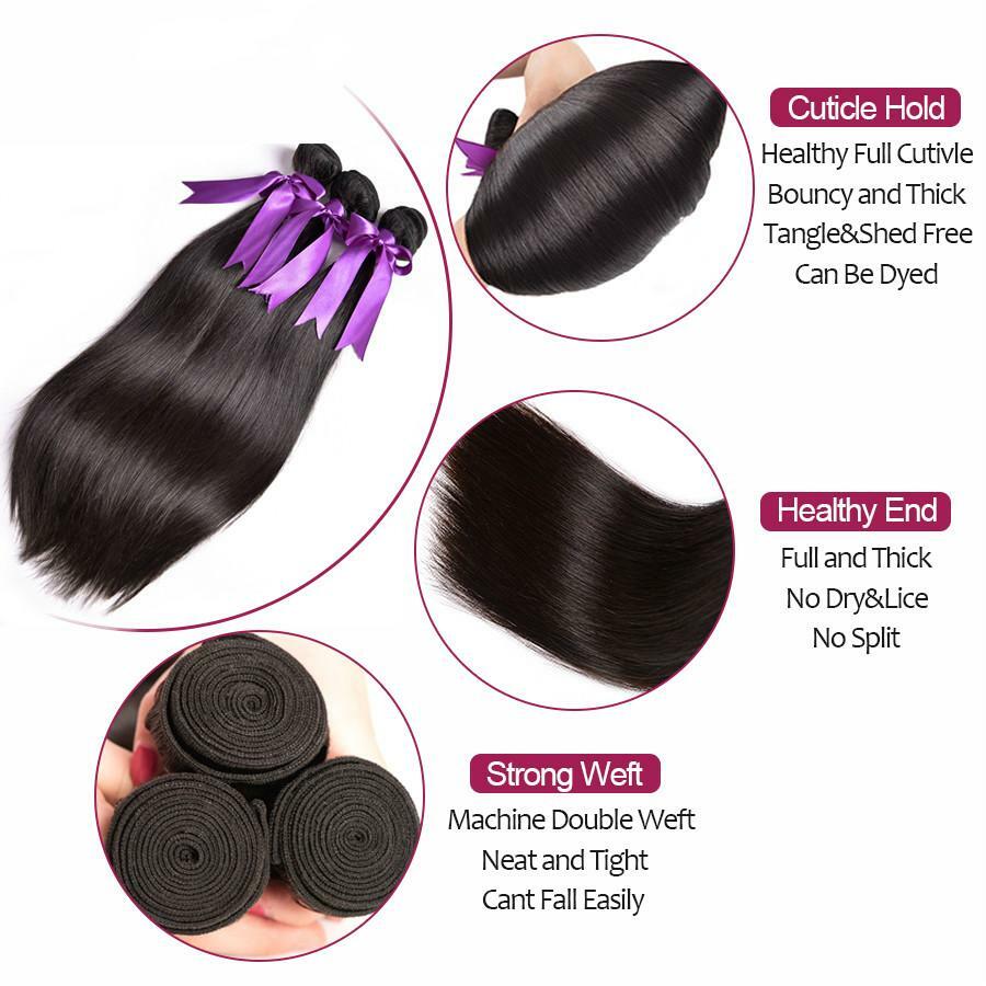 Ustar Natural Black Virgin Straight Hair 3 Bundles with Frontal