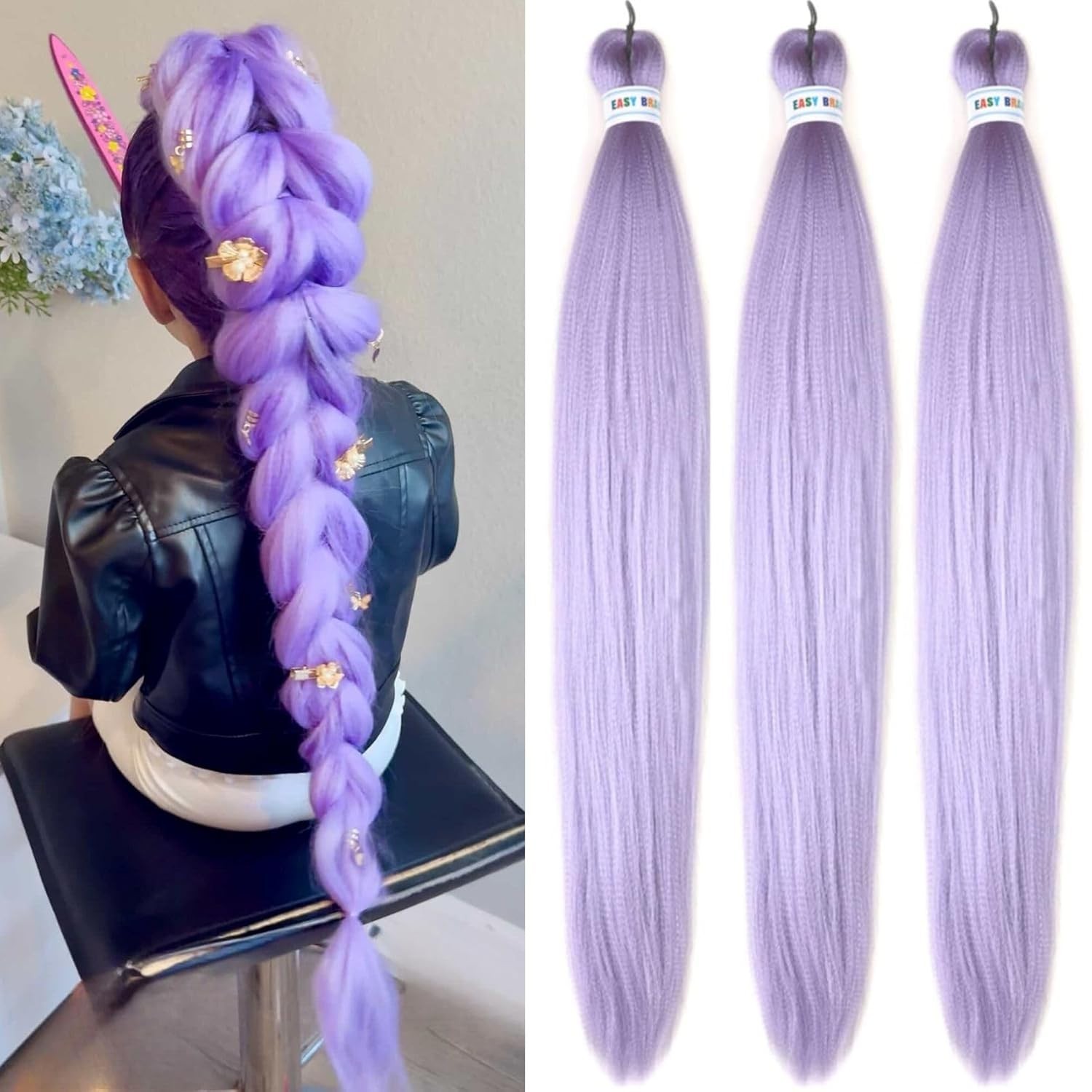30 Inch Lavender Purple Braiding Hair Extensions for Kids, Flame Retardant Fiber