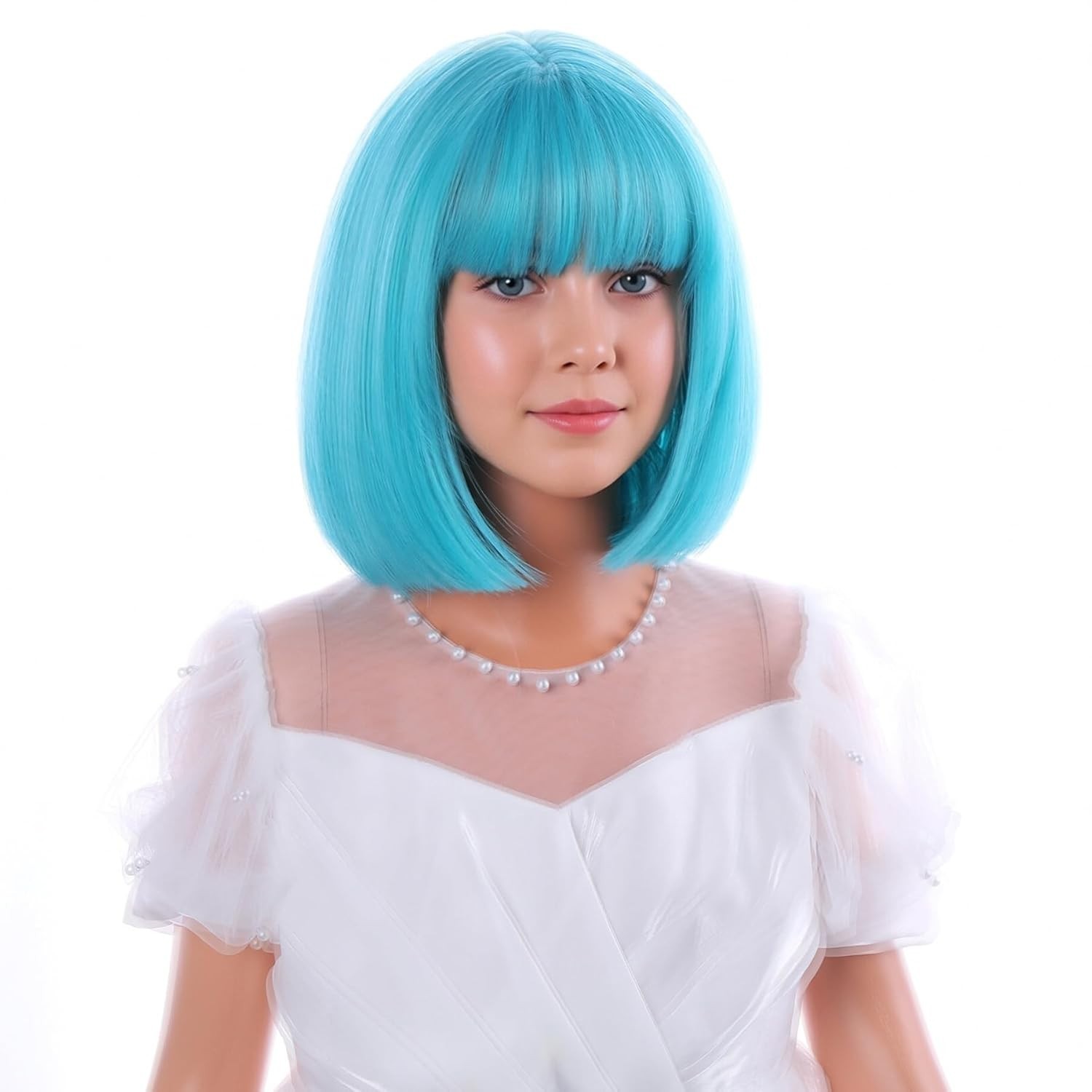 Kids Teal Blue Bob Wig Girls Short Turquoise Wig with Bangs 11in Synthetic