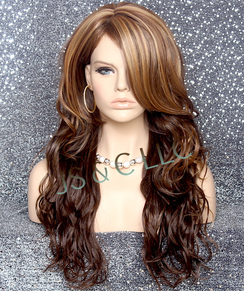 Human Hair Blend Full WIG HEAT OK WAVY Long WBCA Auburn BRown Blonde mixed D8/12
