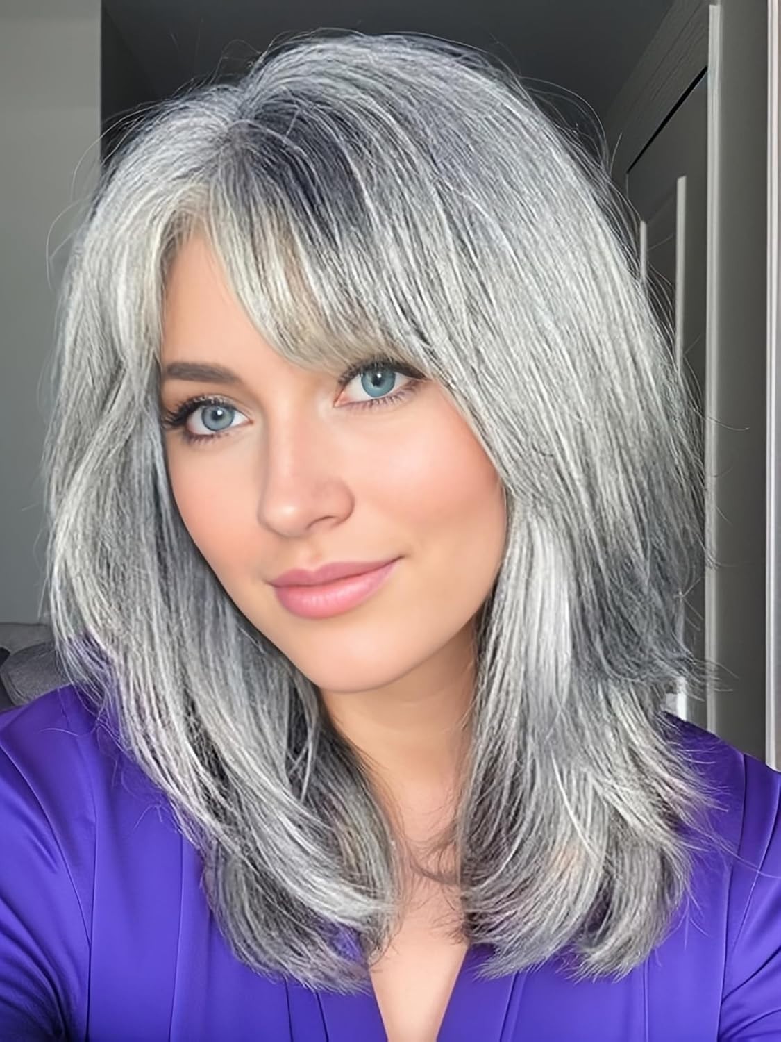 Silver Grey Wavy Wig for Women Medium Length with Bangs and Adjustable Straps