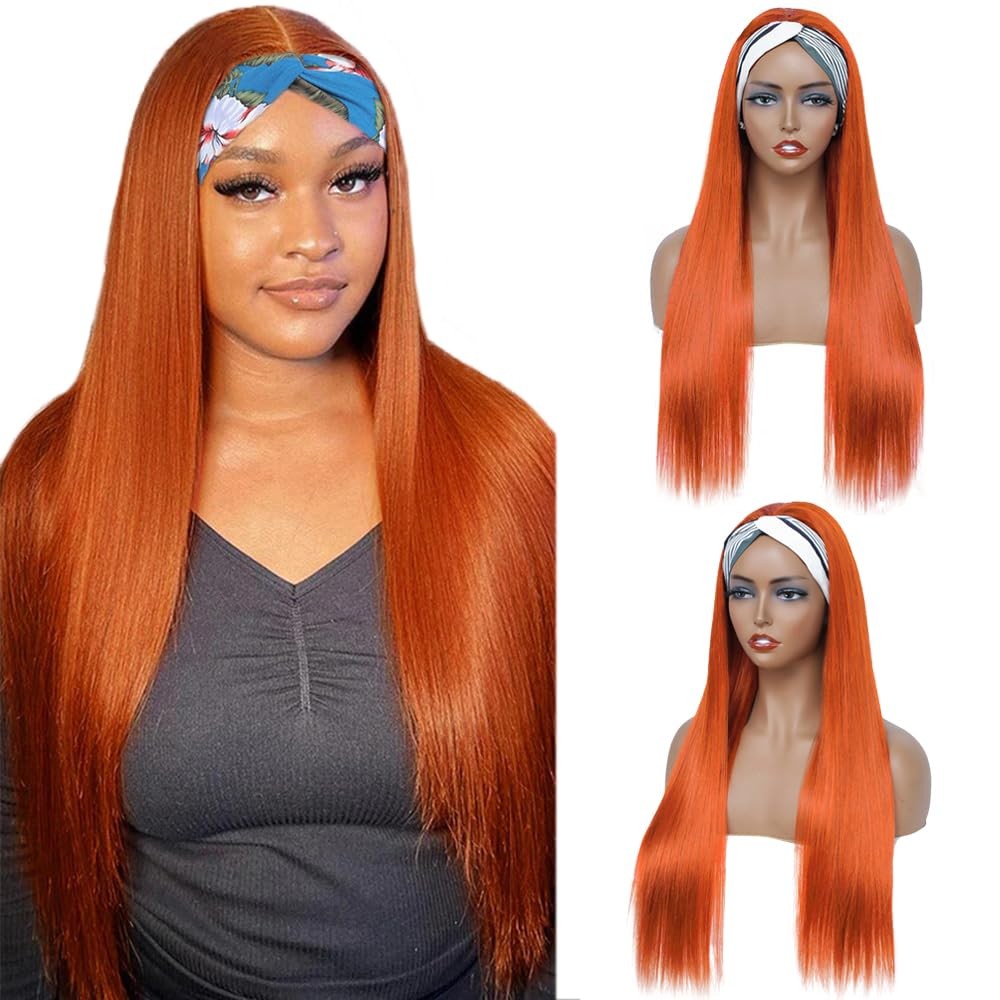 Yiweyowe 34 Inch 350 Orange Headband Wig Human Hair 150 Density Grade 8A