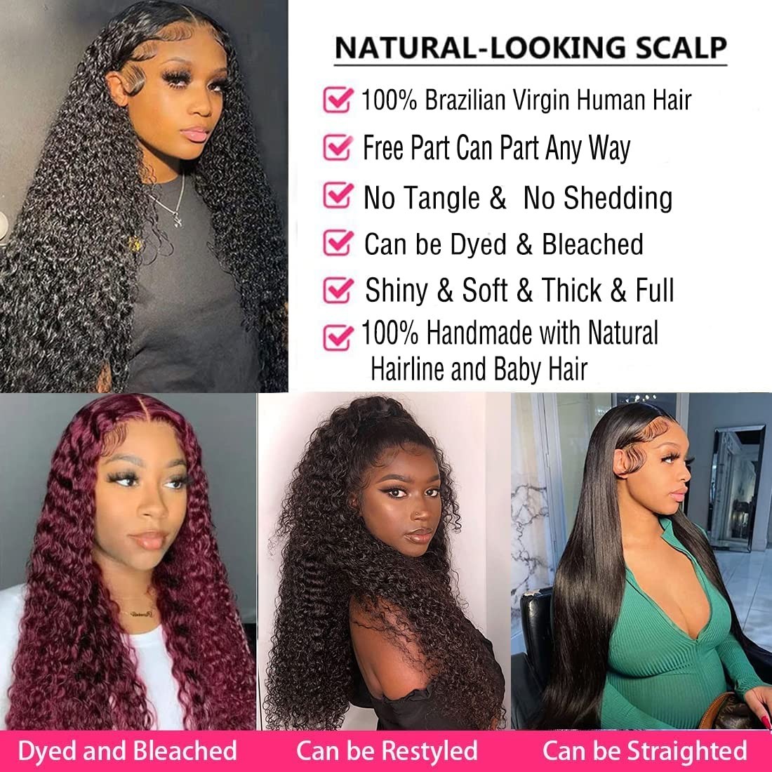 30″ Deep Wave Lace Front Wig – 180% Density, HD Transparent, Curly, Pre-Plucked,