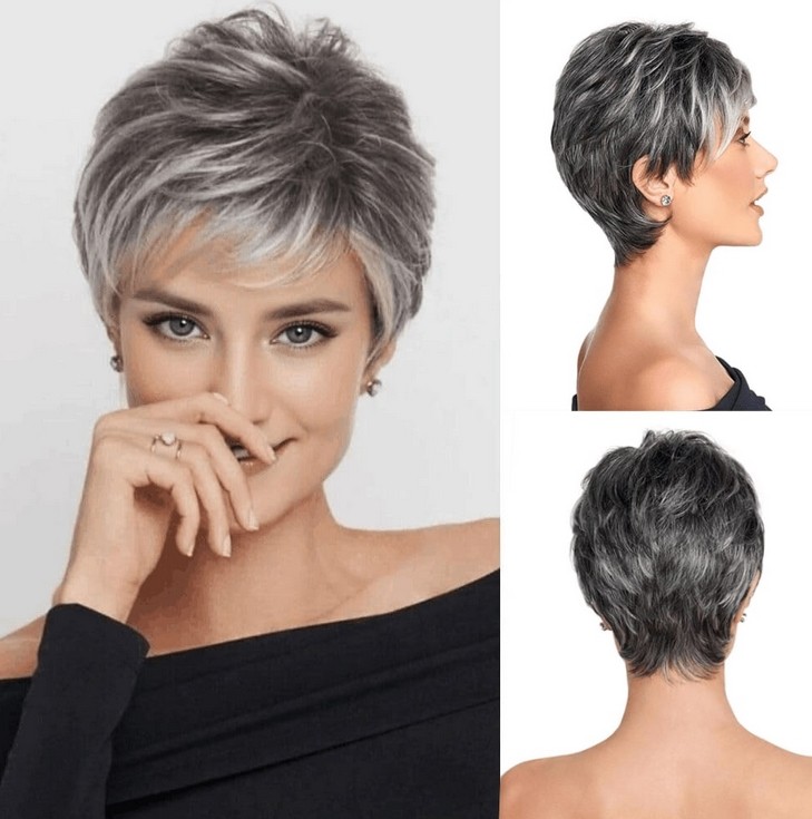 Women Short Pixie Cut Black Root Ombre Wig Fluffy Soft Mixed Black Grey Wig