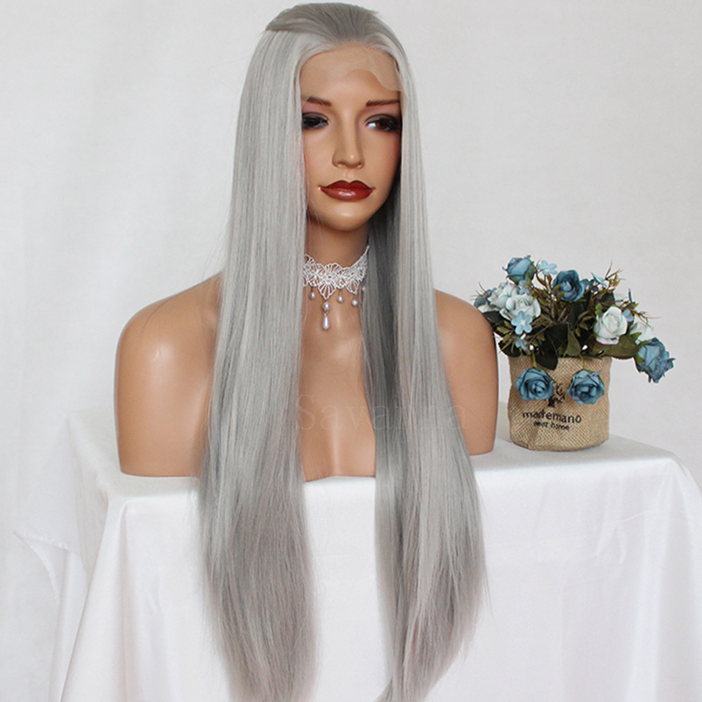 Gray Lace Front Wig Long Silky Straight Heat Resistant Synthetic Hair Women Wigs